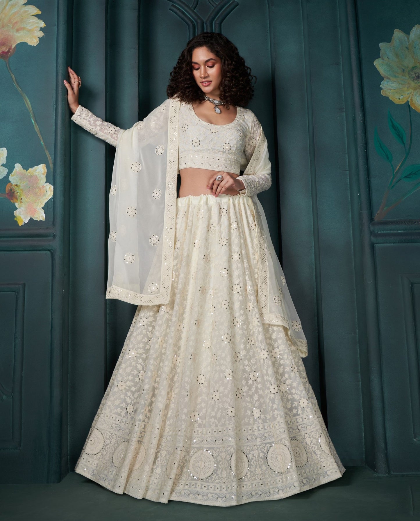 Off White Sequins & Cording Embroidered Georgette Wedding Guest Lehenga
