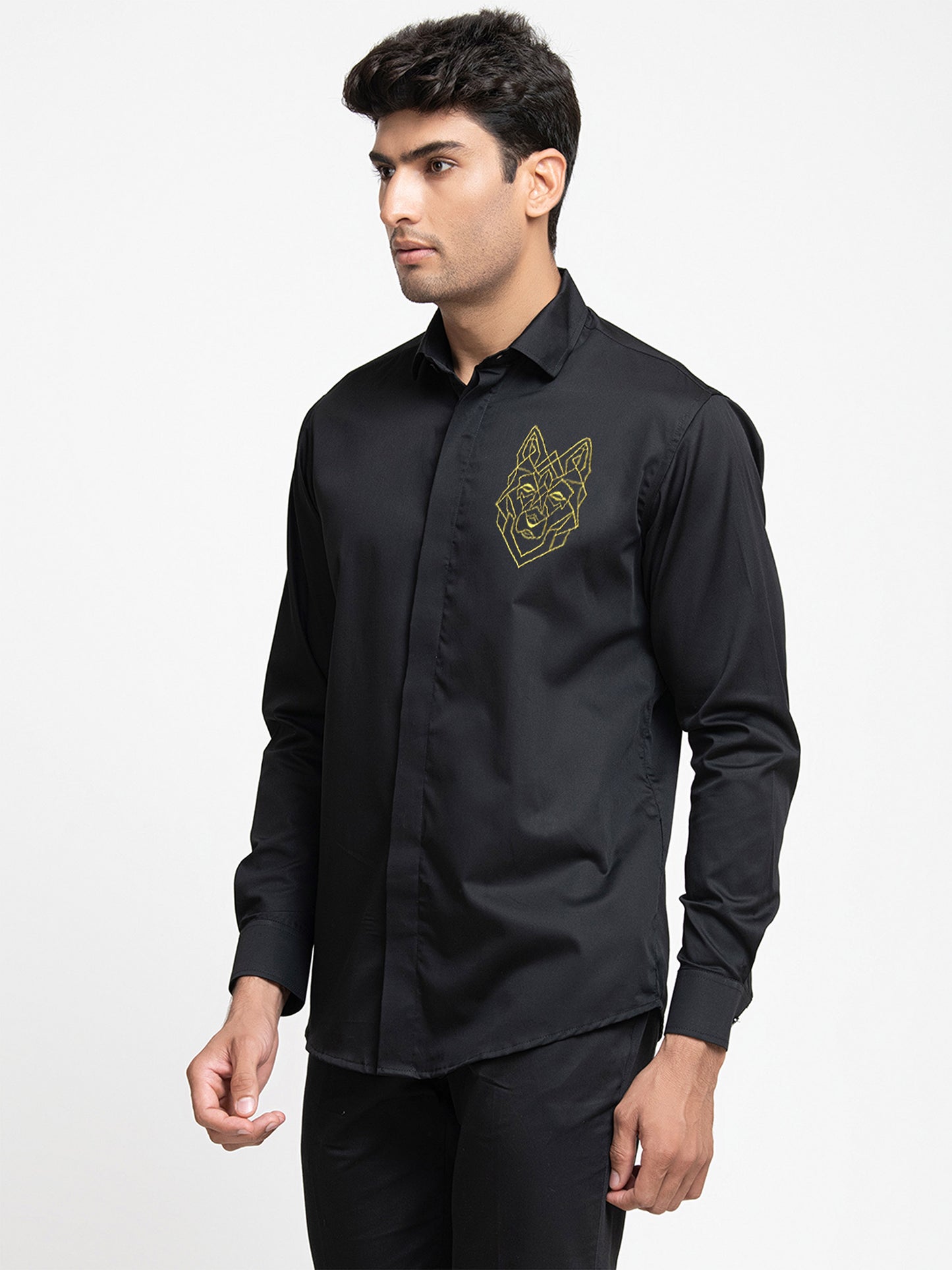 Black Cotton satin Petro wolf Shirt