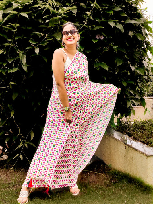 Sangeeta White Polka Dots Crepe Handloom saree