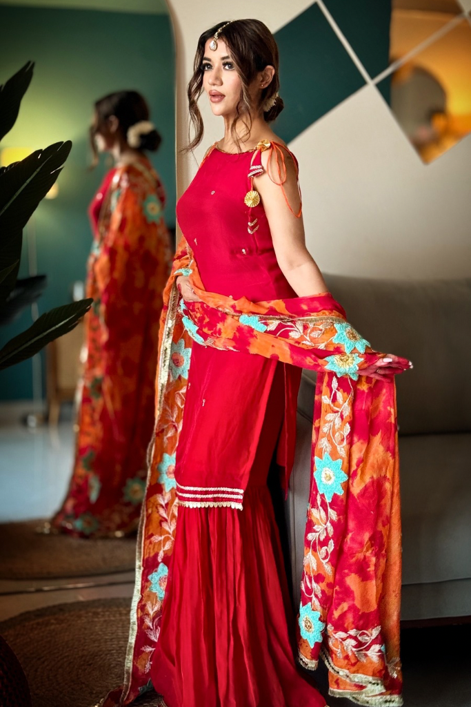 Mitwa Red Organza Sequins Hand Work Festive Sharara Set