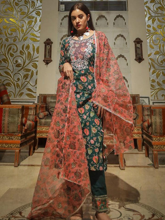 Green Floral Printed Kurta Pant Set with Dupatta - world.com