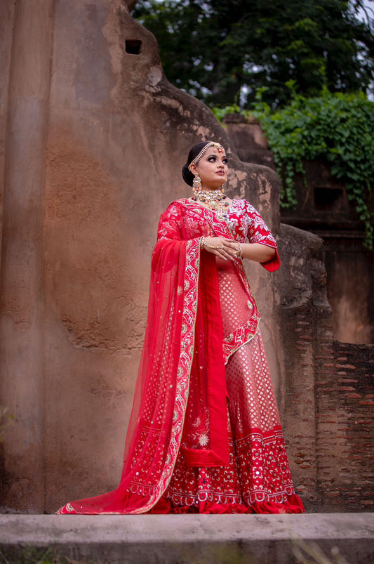 Ombre Red Pure Chanderi Bridal Lehenga Tulle Dupatta
