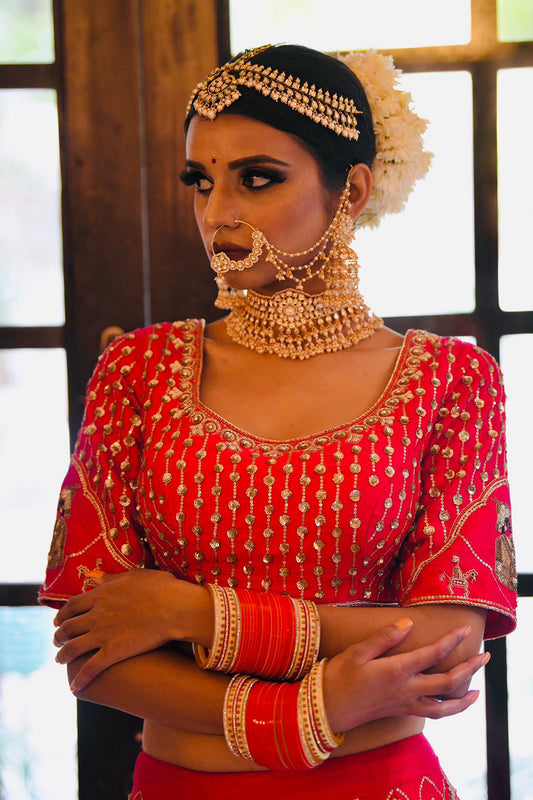 Red Pure Raw Silk Hand Embroidery Lehenga With Tulle Dupatta