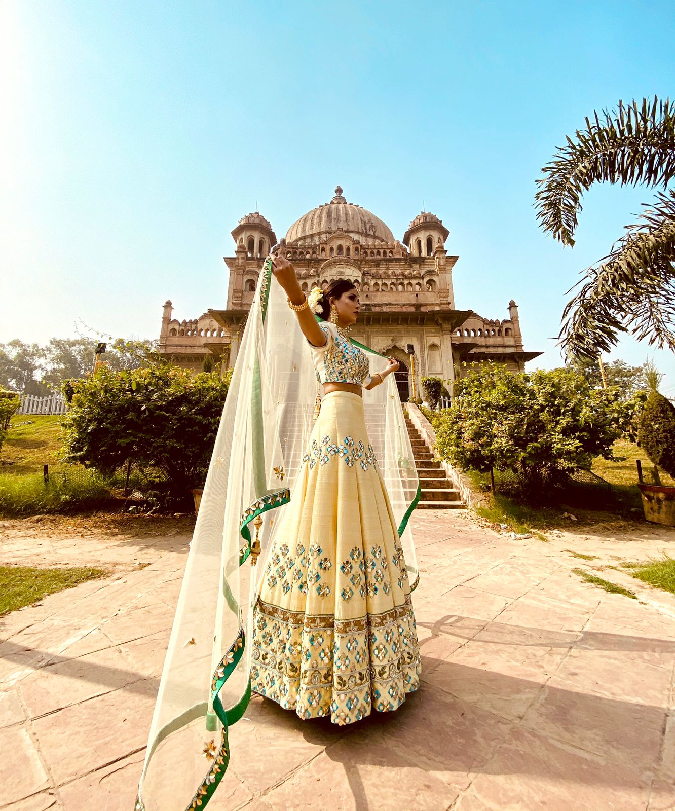 Off white & Lemon Yellow Pure Raw Silk Resham & Dabka work Lehenga