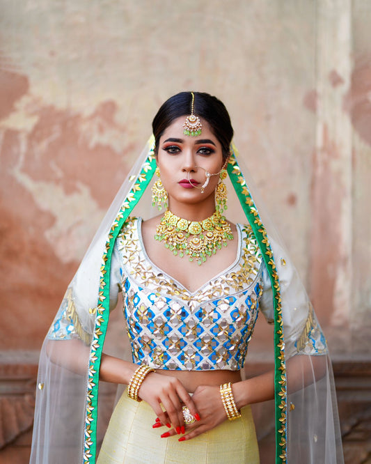 Off white & Lemon Yellow Pure Raw Silk Resham & Dabka work Lehenga