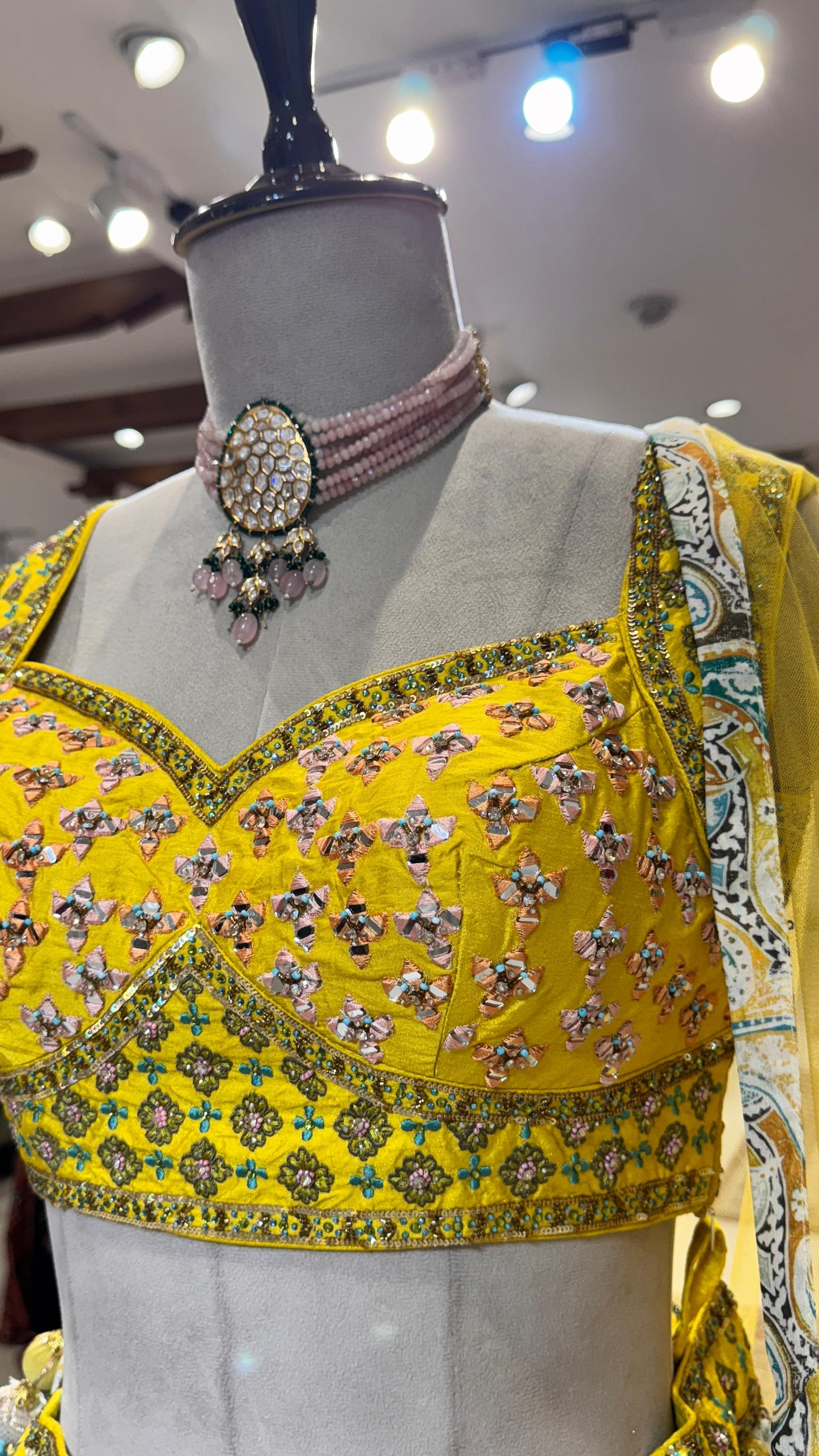 Yellow Thread & Mirror Embroidery Paisley Lehenga for Haldi