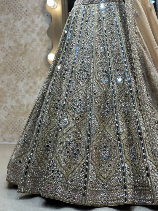 Wheat Golden Mirror and Pearl work Hand Embroidered Raw Silk Bridal Lehenga