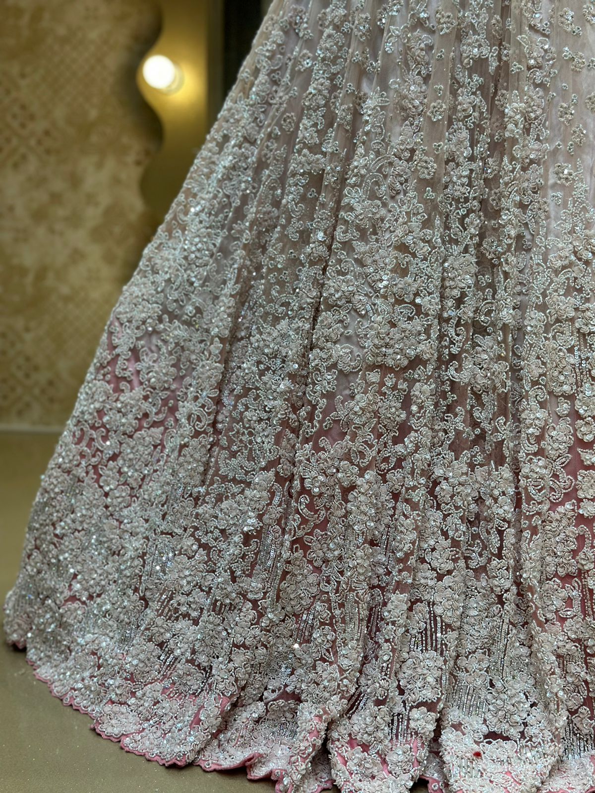 Wheat Golden Mirror and Pearl work Hand Embroidered Raw Silk Bridal Lehenga