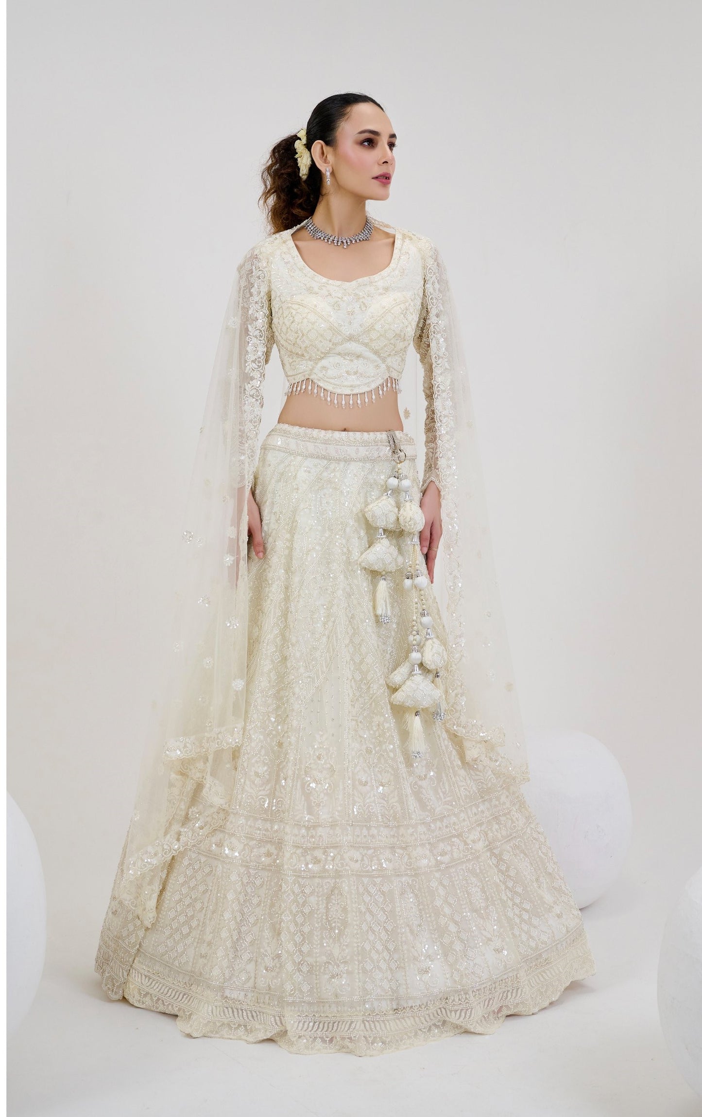White Net Beads Work Bridesmaid Lehenga Choli