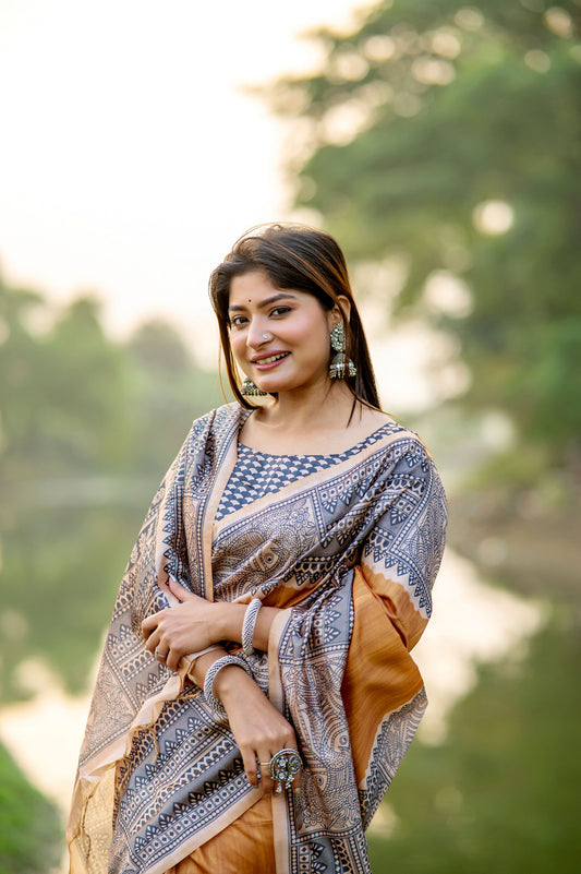 Yogita Mustard Soft Tussar Silk Madhubani printed Saree