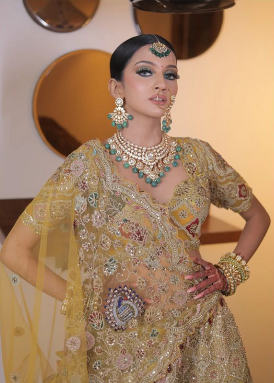 Yellow Net Bridal Lehenga with Peacock Motifs & Zari, Sequins Work