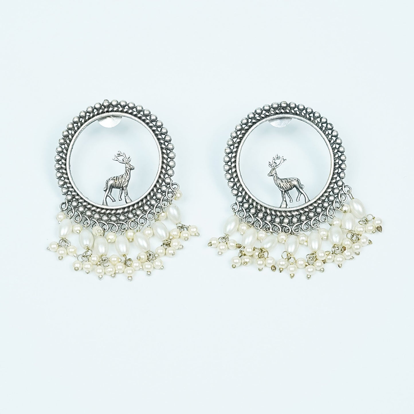 Zevar Club Oxidised Silver-Plated Round Deer Motif Earrings with Pearl Beads