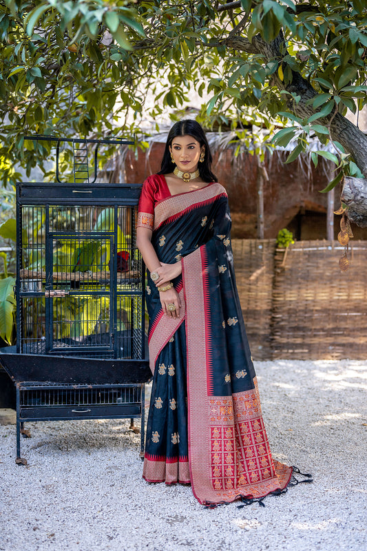 Black Handloom Bulchari Tussar silk Zari woven Meenakari Saree