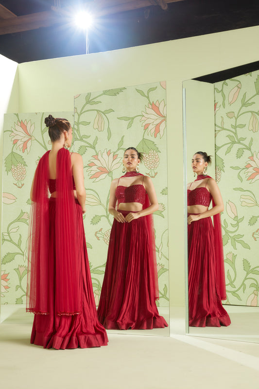 Cherry Red Modal Satin Hunar Bridesmaid Lehenga