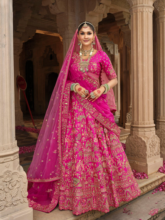 Dark Pink Heavy Khatli & Thread Embroidery Zari Weaving Silk Bridal Lehenga