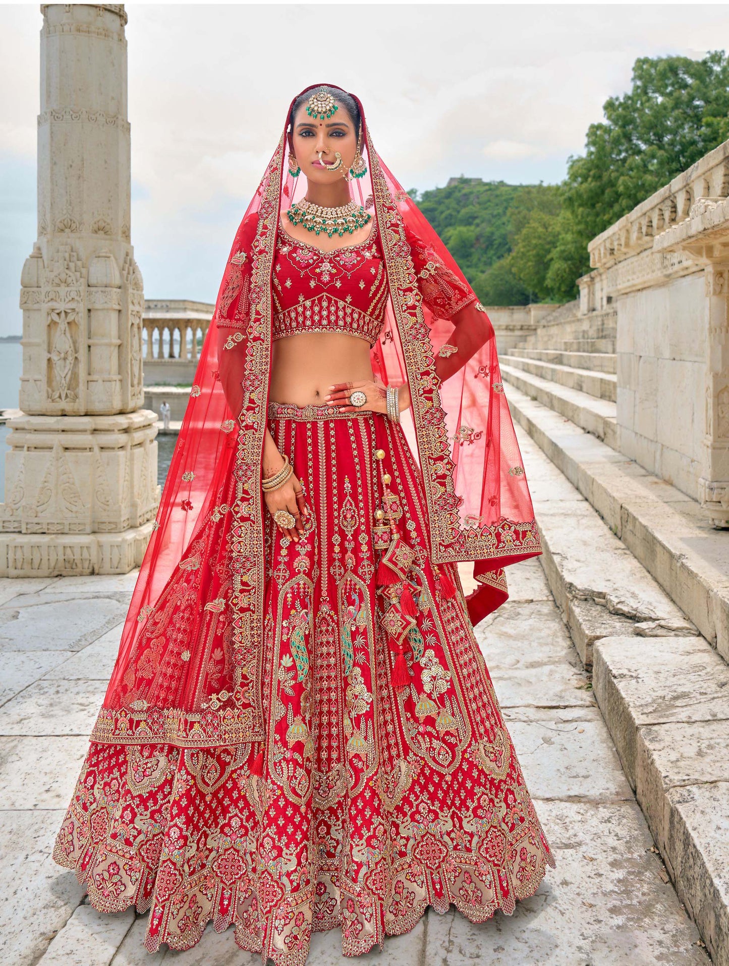 Red Heavy Dori Embroidery Silk Bridal Lehenga