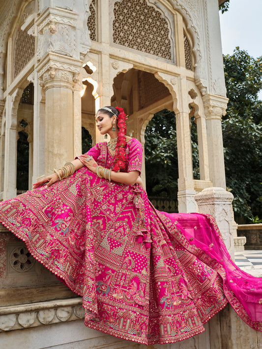 Pink Heavy Khatli & Thread Embroidery Silk Bridal Lehenga