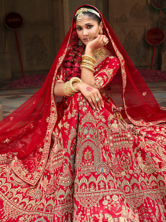 Dark Red Color Silk Heavy Khatli & Thread Embroidery Bridal Lehenga