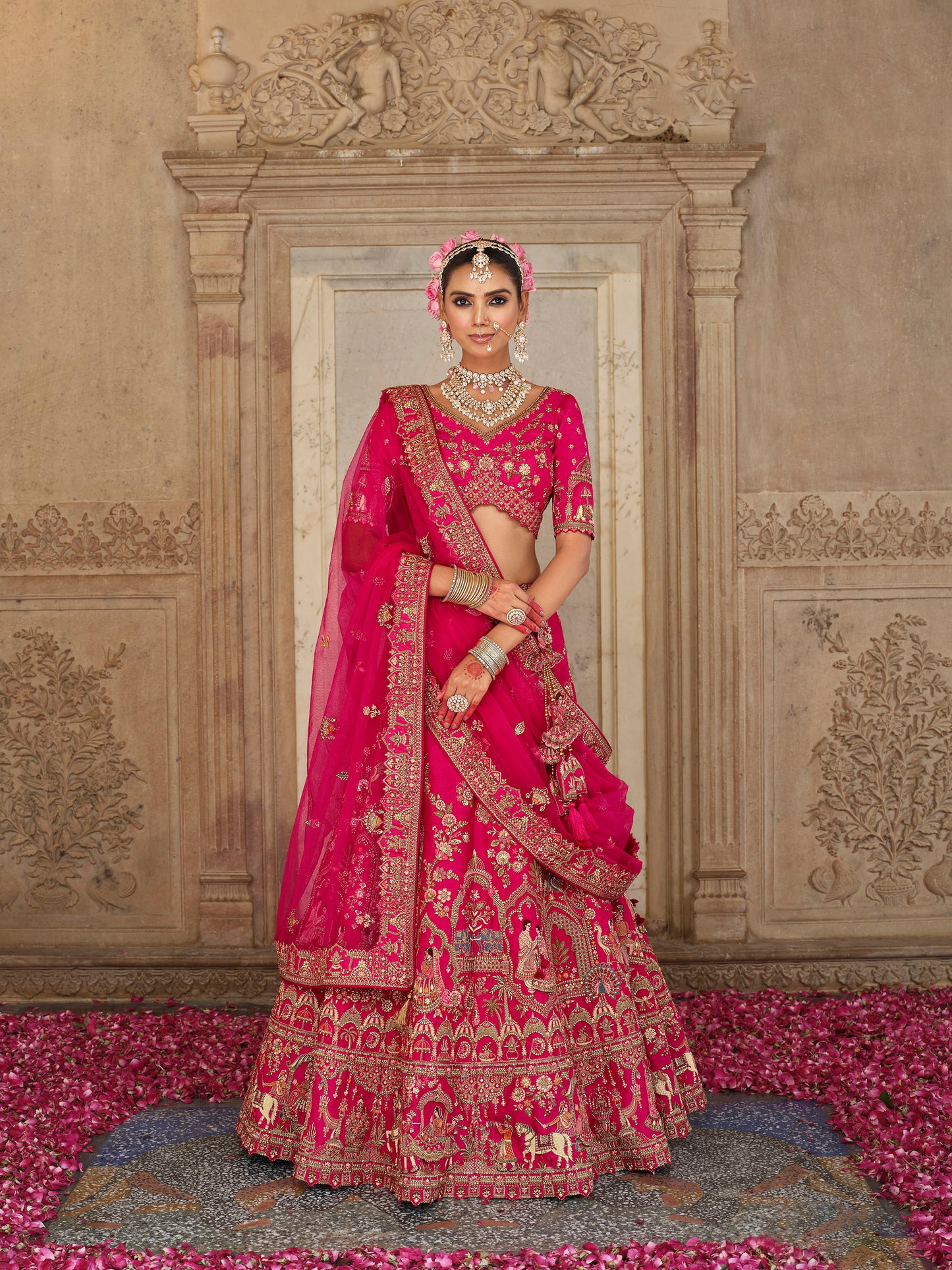 Dark Pink Color Silk Heavy Khatli & Thread Embroidery Bridal Lehenga