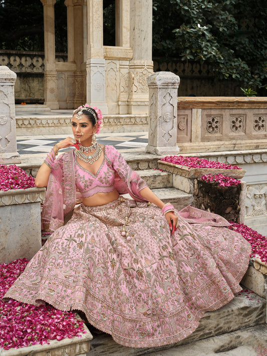 Pastel Pink Silk Heavy Khatli & Thread Embroidery Bridal Lehenga