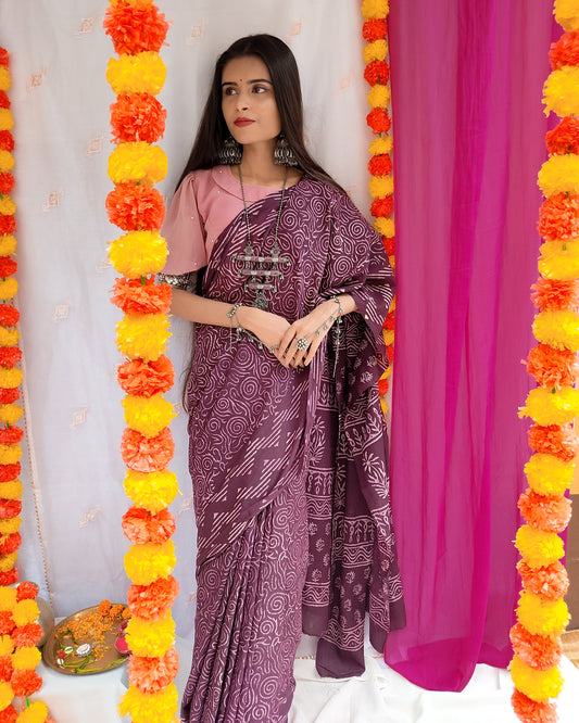 Mirage - Bagru Natural Dyes Handblock Printed - Maroon Cotton Mulmul Saree