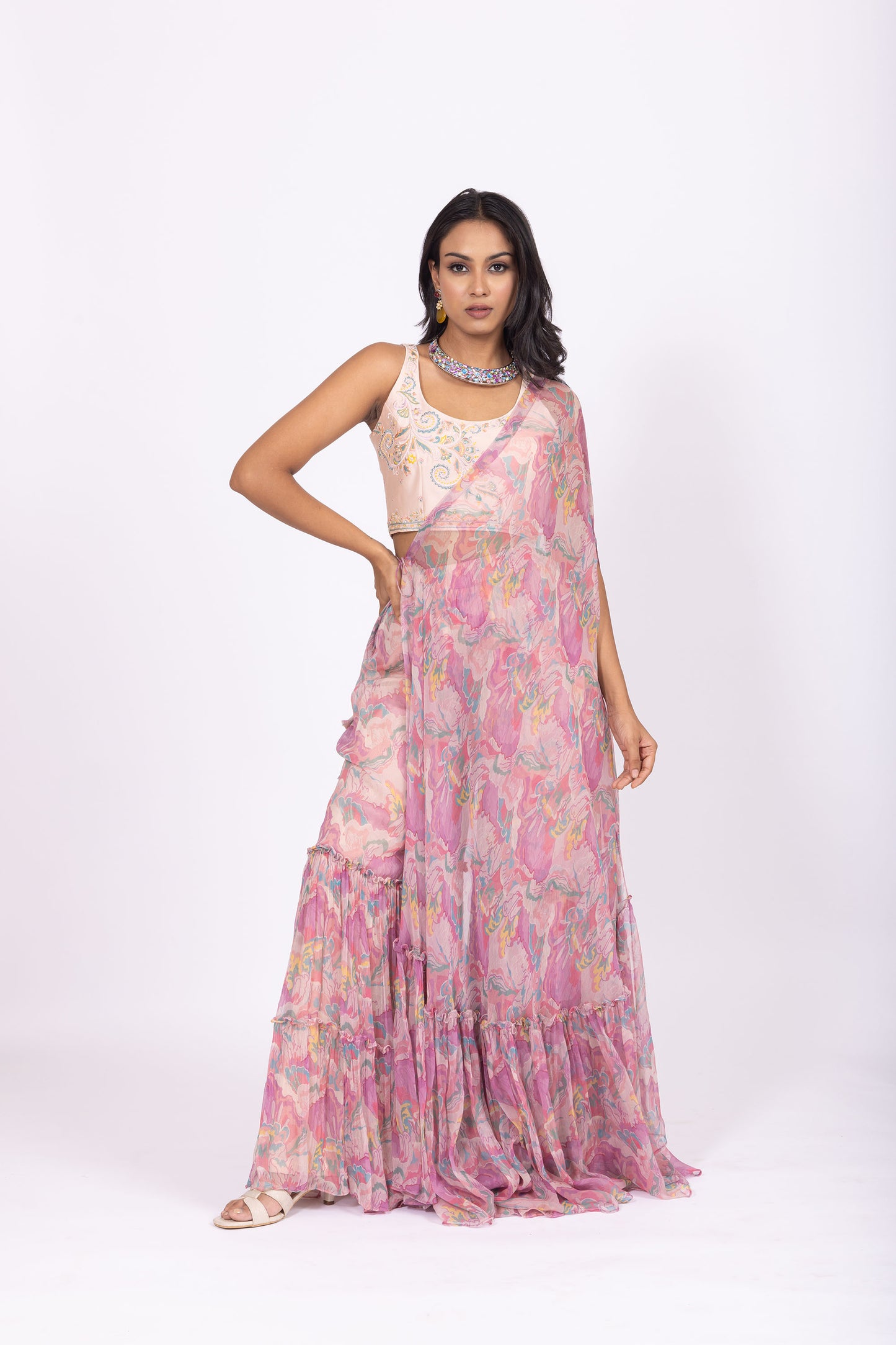 Nallini Embroidered Short Blouse with Pink Printed Jacket and Sharara Pants