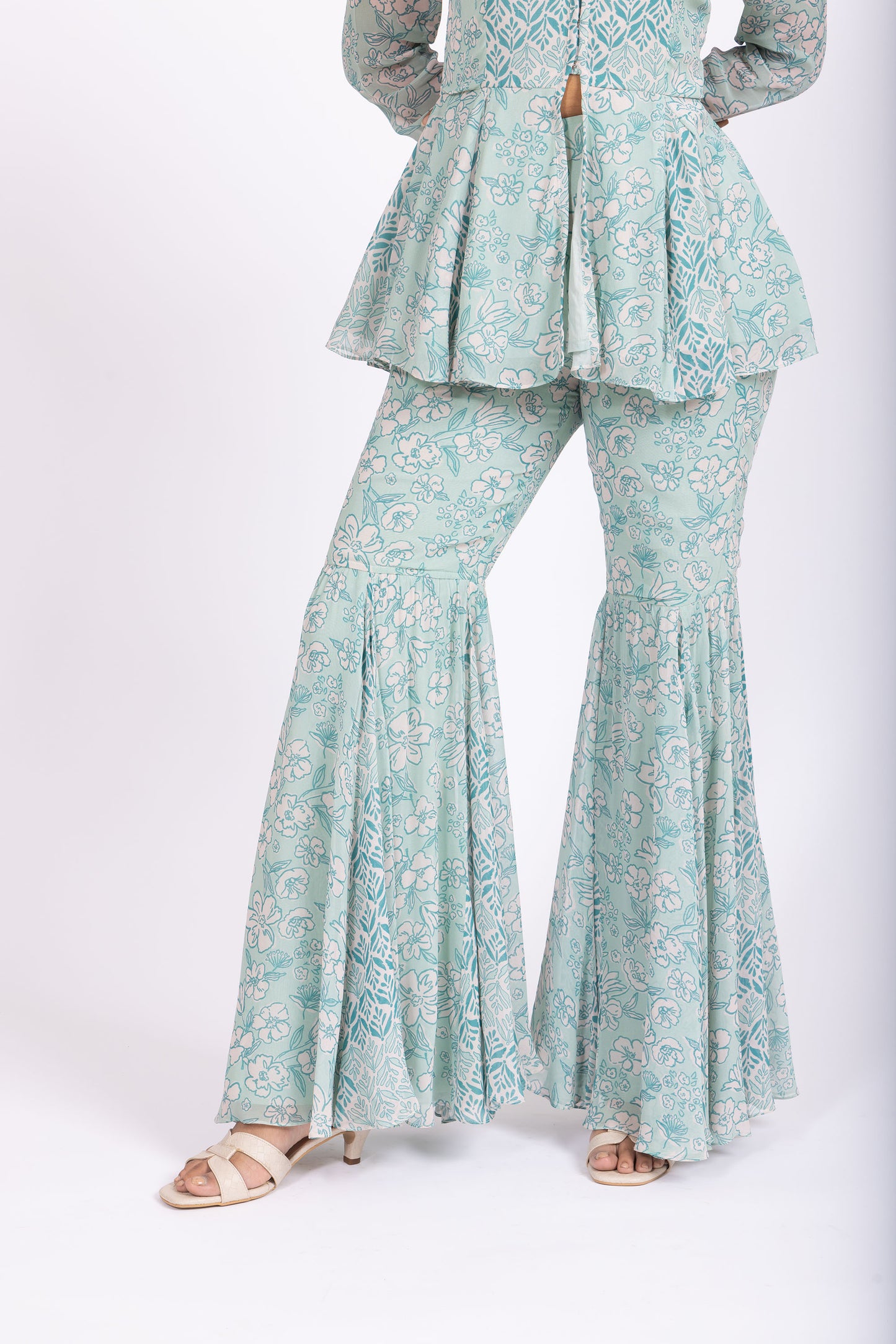 IRA Cyan Floral Peplum Top with Matching Sharara