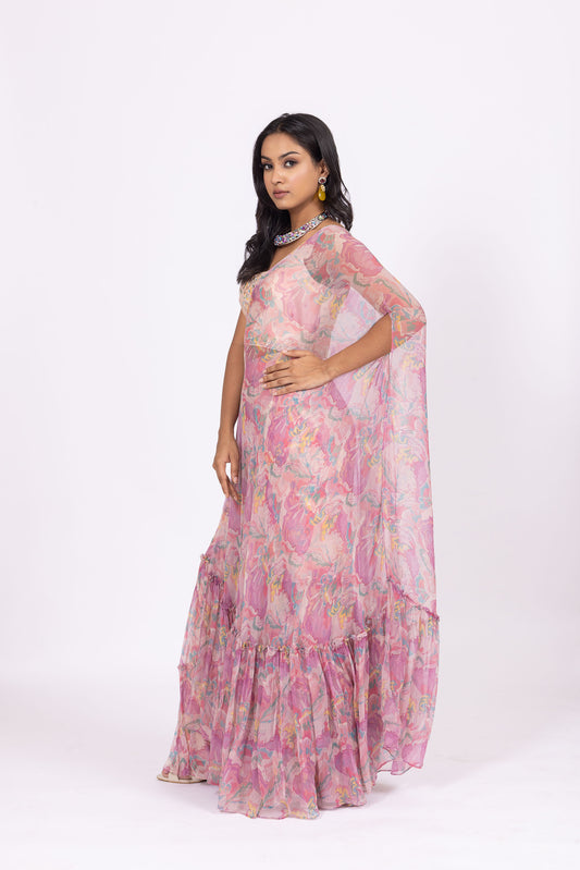 Nallini Embroidered Short Blouse with Pink Printed Jacket and Sharara Pants