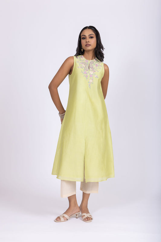 Anushka Mint Green Chanderi A-Line Embroidery Kurta Set