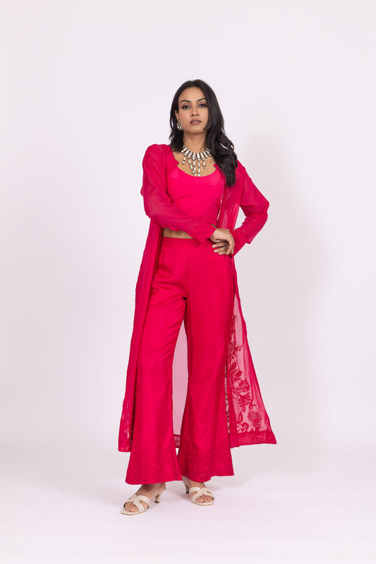 Lolo Raspberry Pink Silk Embroidered Organza Jacket Set