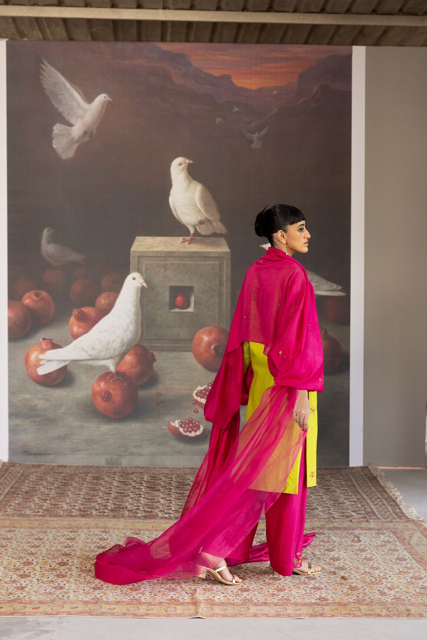 Green and Pink motifs Embroidered Kurta set