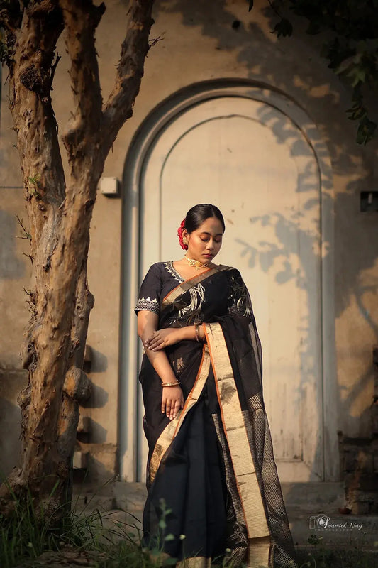 Handloom Black Chanderi Pure Silk Saree With Gold Zari Motifs