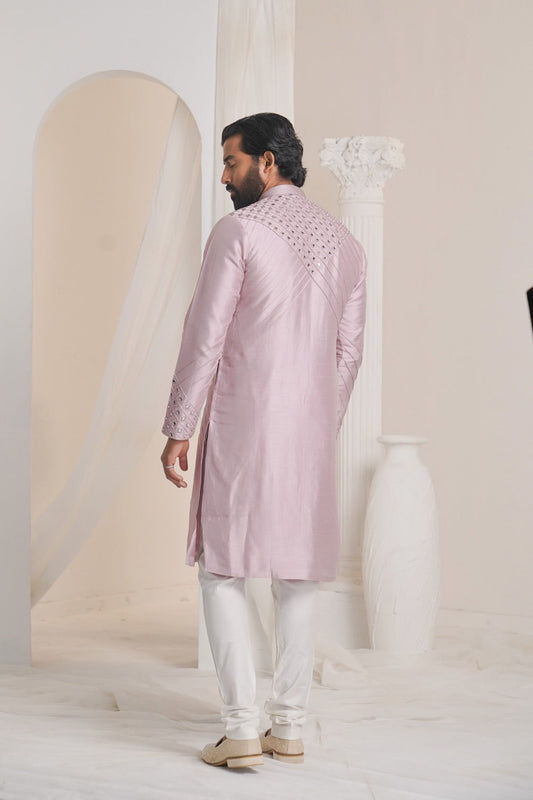 Lilac silk kurta set with mirror work