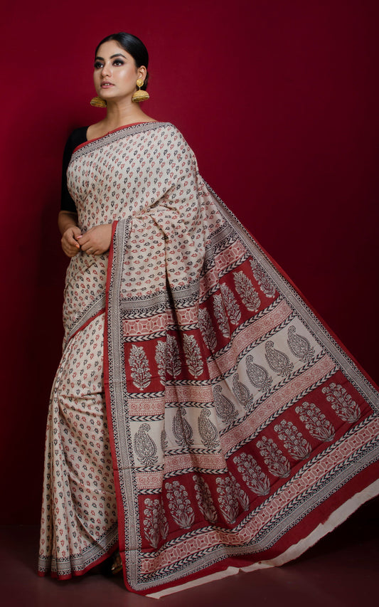 Hand Block Bagh Printed Soft Mulmul Moonga Saree in Beige, Rust Brown and Black