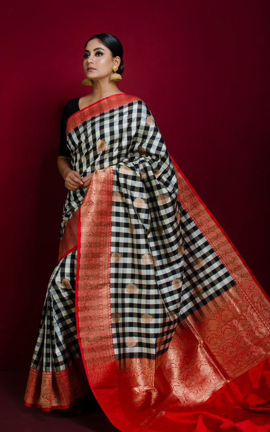 Designer Checks Katan Banarasi Silk Saree in Off White, Black and Red
