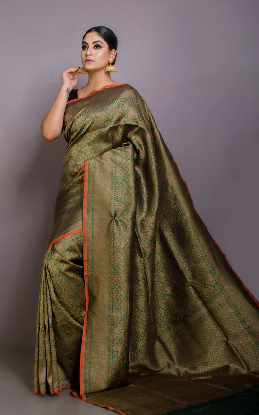 Tanchui Brocade Katan Silk in Dark Olive Green, Rust Brown and Antique Matt Gold