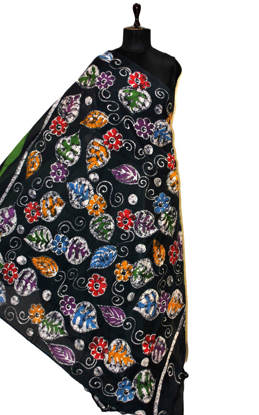 Super Soft Mulmul Cotton Batik Printed Saree in Pear Green, Black and Multicolored