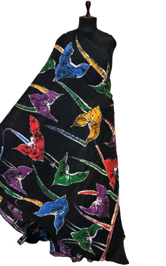 Super Soft Mulmul Cotton Batik Printed Saree in Lime Green, Soot Black and Multicolored