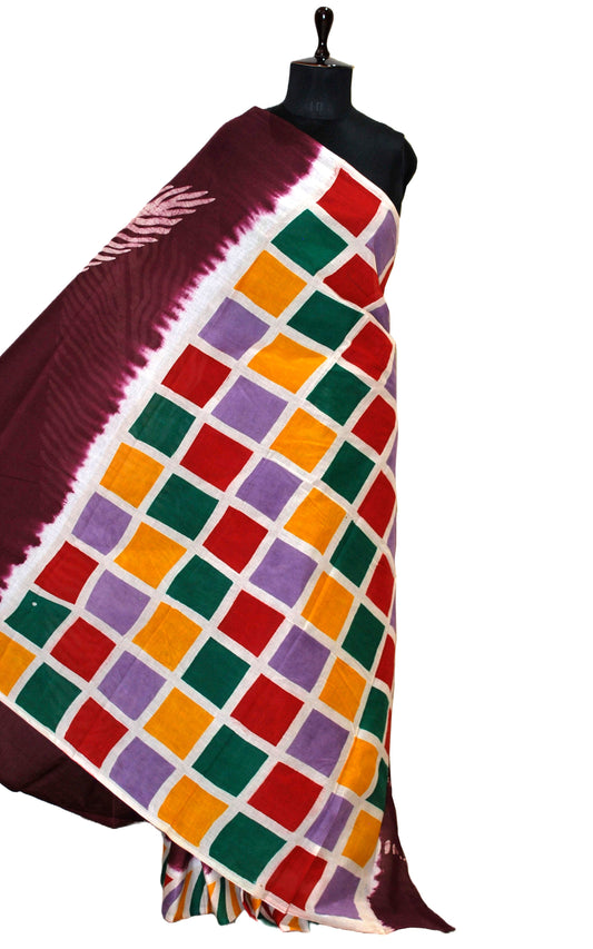 Super Soft Mulmul Cotton Batik Printed Saree in Mahogany, Off White and Multicolored