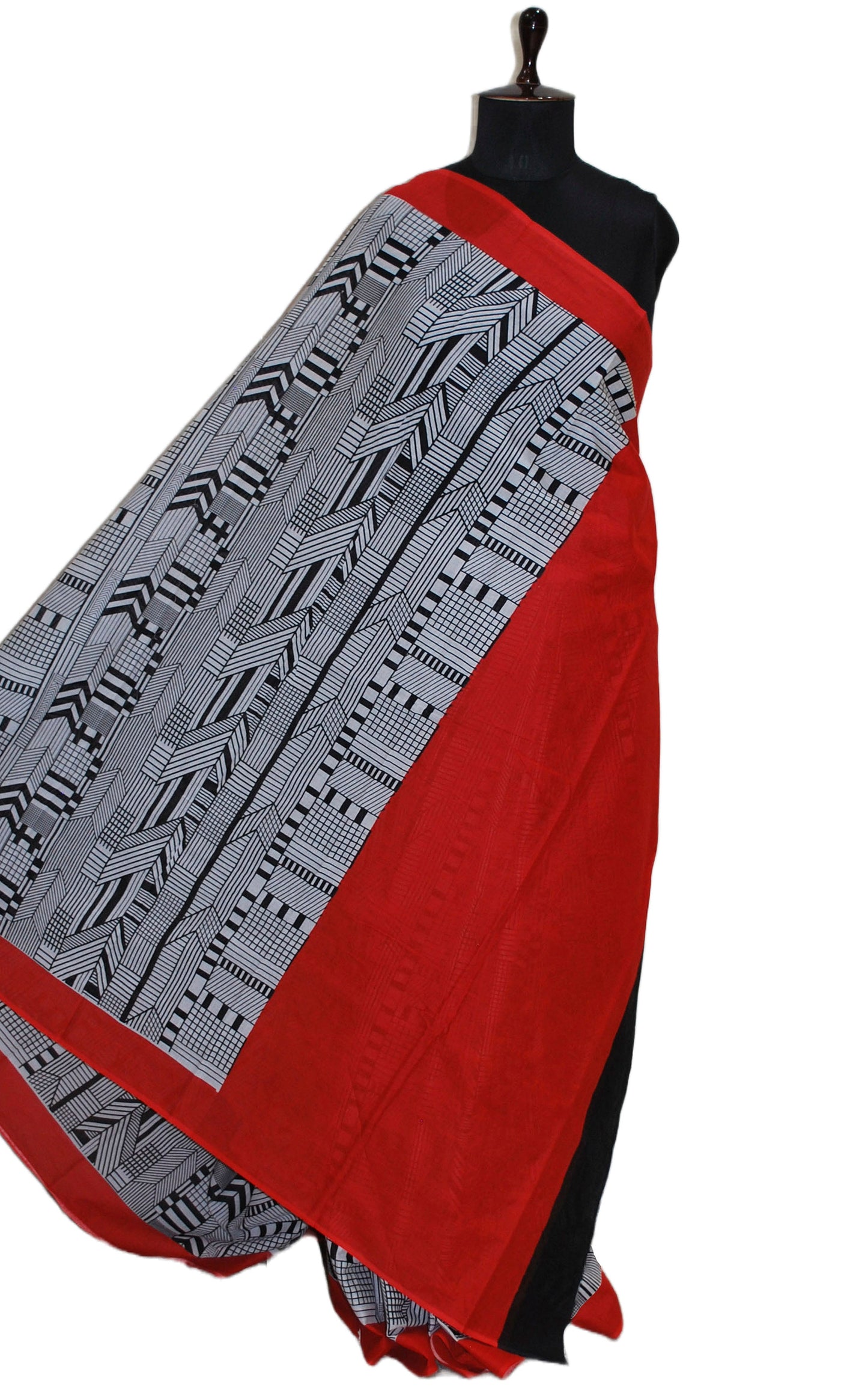 Mulmul Cotton Printed Saree in Off White, Black and Red