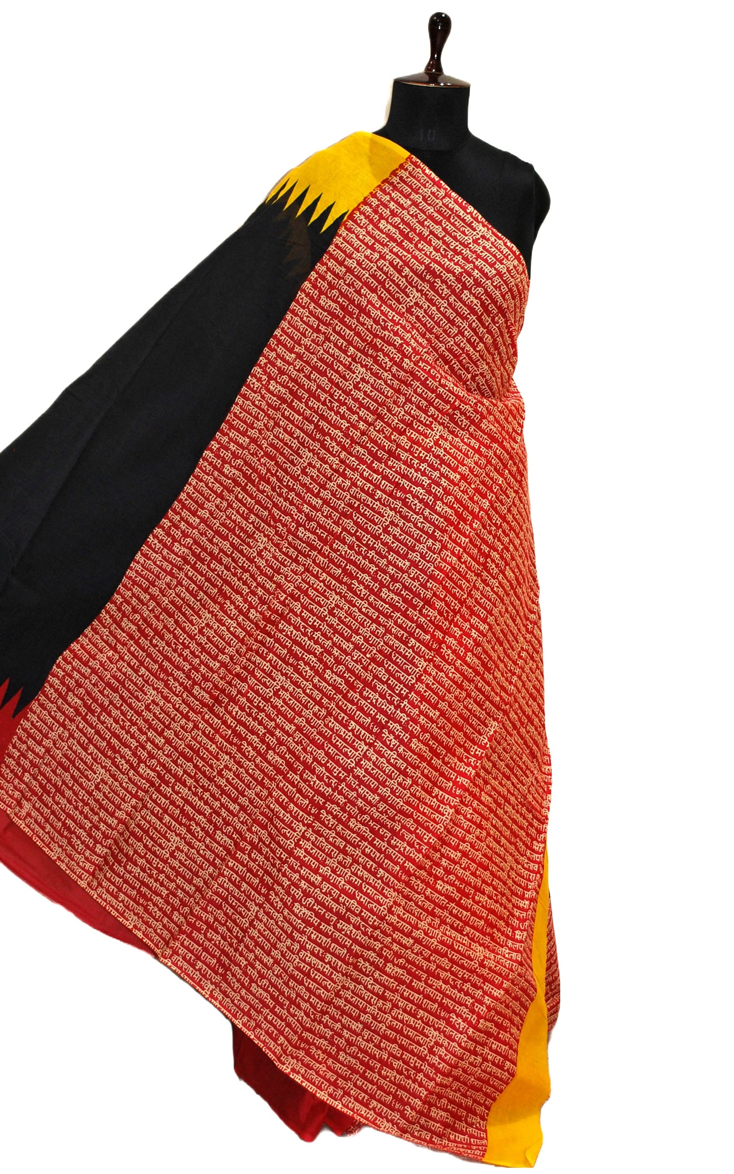 Mulmul Cotton Batik Printed Saree in Black, Yellow and Red