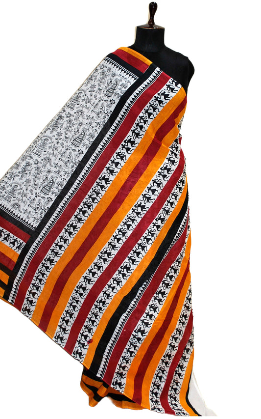 Mulmul Cotton Warli Printed Saree in Off White, Black, Dark Red and Sunset Yellow