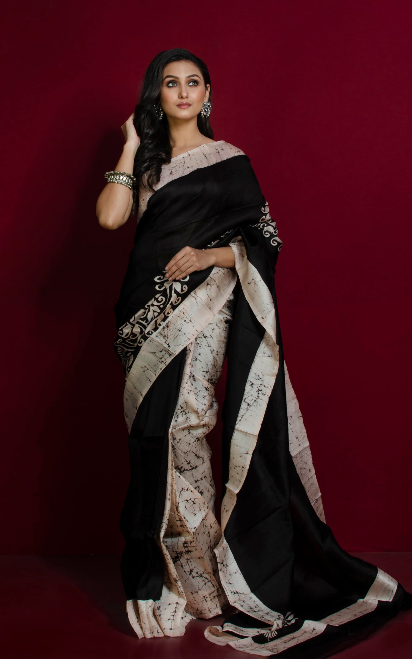 Hand Batik Pure Silk Saree in Leather Black and Bone White