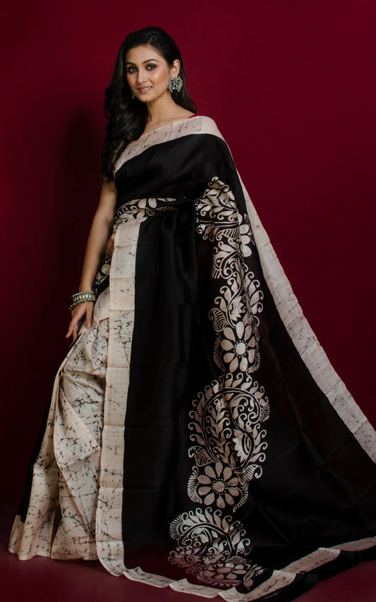 Hand Batik Pure Silk Saree in Leather Black and Bone White