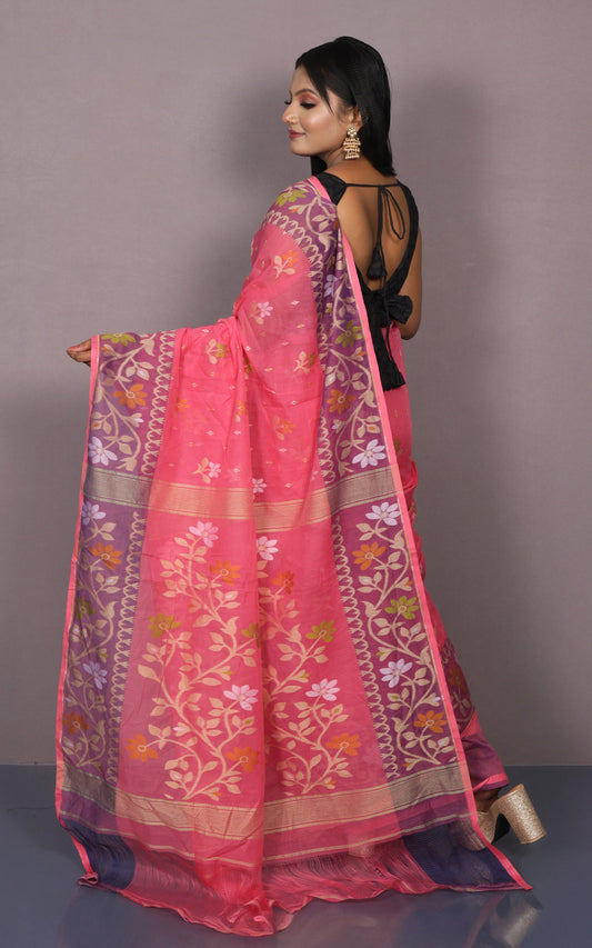 Hand Woven Work Cotton Jamdani Saree in Dark Pink, Purple and Multicolored