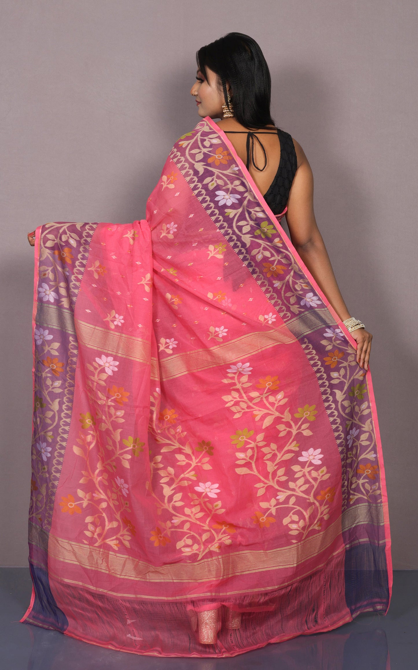Hand Woven Work Cotton Jamdani Saree in Dark Pink, Purple and Multicolored