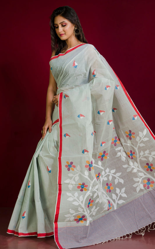 Premium Quality Hand Work Cotton Dhakai Jamdani Saree in Paste Green, Red and Multicolored Woven Thread Work