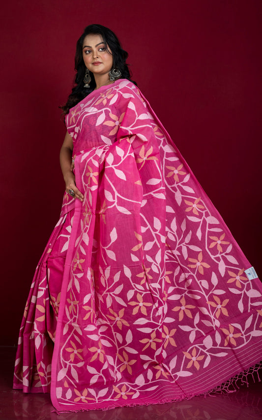 Bengal's Pride Premium Hand Woven Jangla Jaal Work Cotton Dhakai Jamdani Saree in Persian Pink, Beige and Off White Thread Work