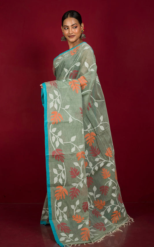 Hand Woven Jangla Jaal Work Cotton Dhakai Jamdani Saree in Gray Green, Cerulean Blue, Off White and Multicolored Thread Work