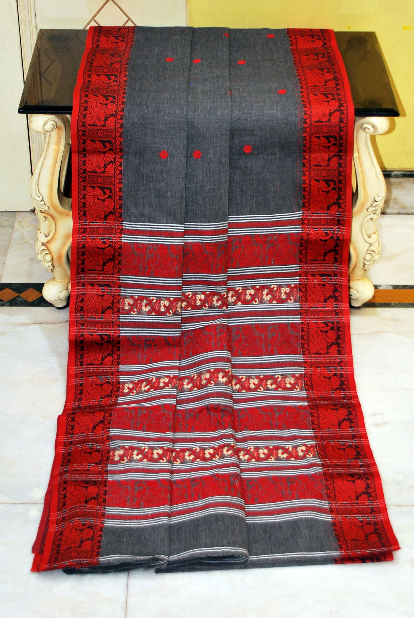 Bengal Handloom Cotton Baluchari Saree in Steel Grey. Red, Beige and Off White